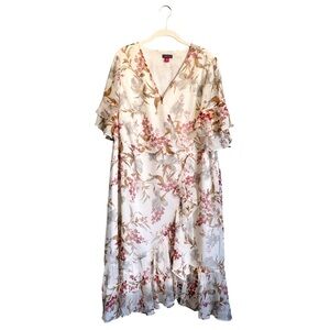Vince Camuto Women’s Cream Pink Spring Floral Midi Faux‎ Wrap Dress Size 14W EUC